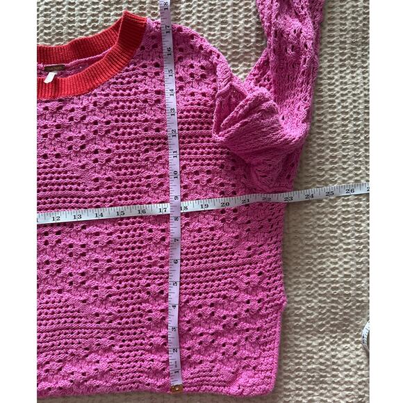 Free People Bright Pink Red Home Run Crop Sweater Pullover Contrast Neck Cuff XS - Picture 6 of 7
